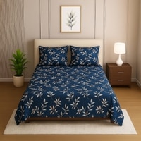 Dark Blue Floral 210 TC Mix Cotton Flat Single Bed Size Bedsheet With 2 Pillow Cover From Threads