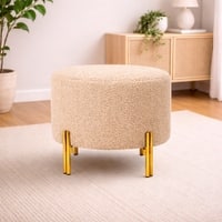 Doe Buck Premium Boucle Round Ottoman in Matte Beige Colour with Polished Gold Legs