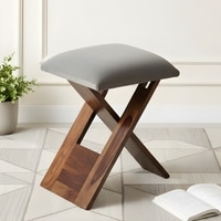 Dayton Sheesham Wood Accent Square   Stool in Grey Cotton Velvet Upholstery