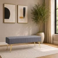 Doe Buck Upholstered Bench in Grey Colour with Channel Stitching and Gold Legs