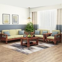 Madhavi 3+2+1 Seater Wooden Sofa (Creame Colour, Teak Finish)