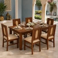 Globally Indian Sabine Solid Sheesham Wood 6 Seater Dining Table Set 6 Chairs Teal Blue