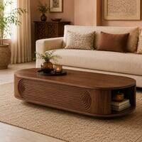 Orla Oval Sheesham Wood Grooved Coffee Table in Walnut Finish