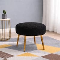 Doe Buck Luna Boucle Round Ottoman Stool in Black Colour with Gold Metal Legs
