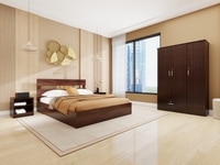 Yumako Harmony Bedroom Set – Queen Bed, 3-Door Wardrobe & Bedside Table in Walnut Finish – Engineered Wood