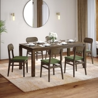 Atlas Solid Wood 6 Seater Dining Table With 6  Lunar Dining Chairs (Finish : Danish Walnut, Chair Colour : Moss Green)