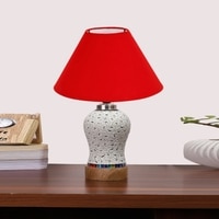 Devansh Conical Red Cotton Shade Lamp With Wood & Mosaic Glass Base For Decoration/Office/Home/Gifting/Study For Decoration/Office/Home/Gifting/Study -(10X10X14.5) Inches -A