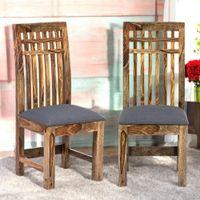 Columbus wood Set of 2 Dining Chairs in Anchor Grey Fabric Cushioning with TEAK FINISH
