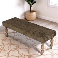 Cairo Sheesham Wood Accent 3 Seater Bench In Green Sparkle Velvet