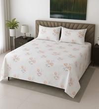 White Floral 400 TC Cotton Flat Super King Size Bedsheet With 2 Pilllow Covers From Threads