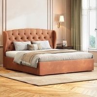 Holmebrook Engineered Wood Queen Size Drawer Storage Upholstered Bed in Tan Leatherette Colour