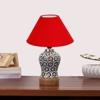 Devansh Conical Red Cotton Shade Lamp With Wood & Mosaic Glass Base For Decoration/Office/Home/Gifting/Study For Decoration/Office/Home/Gifting/Study -(10X10X14.5) Inches -A