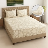 Off White Color Floral 400 TC Cotton Fitted Super King Bed Size Bedsheet With 2 Pilllow Covers  Threads