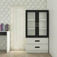 Paloma Large Crockery cum Bookshelf Cabinet with Toughened Glass Shutters and Drawers in Ivory Carbon Black Colour