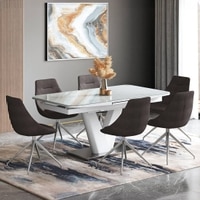 Caribu 6 To 8 Extendable Dining Table With Set Of 6 Doris Swivel Accent Chairs (Colour- Dark Grey, Finish- White High Gloss)