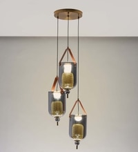 Duo Integrated 3-Light Led Ceiling Pendant In Brass Finish Metal And Brown Leather With Gray Glass Shades