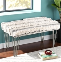 Velas Sheesham Wood Mid Century 2 Seater Bench With Metal Legs In Grey Fabric With Fringes