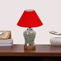 Devansh Conical Red Cotton Shade Lamp With Wood & Mosaic Glass Base For Decoration/Office/Home/Gifting/Study For Decoration/Office/Home/Gifting/Study -(10X10X14.5) Inches -A