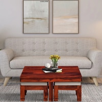Sheesham Wood Coffee Table Set in Honey Oak Finish With Cushioned Stools