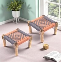 Riaza Sheesham Wood Vintage Set of 2 Foot Stools in Orange & Grey Rope Canning