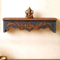 Multishade Colour Solid Wood Handcarved Parijat Dvaita Floating Wall Shelf with distres finish by DisooFashions