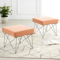 Asansol Sheesham Wood Accent Square Set of 2 Stools     in Melon Pink Cotton Velvet Upholstery