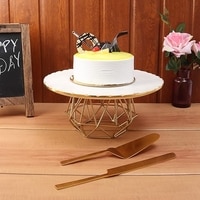 NikkisPride Marble Cake Stand with Gold Finish Metal Base, Plain White Marble Top with Cake Cutlery Set of 3