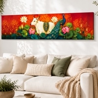 Modern Pichwai Kamdhenu Cow Canvas Wall Art 12 x 46 Inch