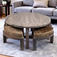 Nashville Sheesham Wood 4 Seater Coffee Table Set In Antique Grey Finish Green Sparkle Velvet Cushion