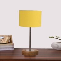 Devansh Yellow Cotton Table Lamp With  Natural  Wood Base  & Steel Pipe (7X17 Inches)-6