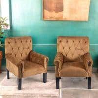 Arista Sheesham Wood Set of 2 Accent Chair in Taupe Brown Velvet Upholstery