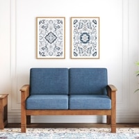 Raynor 2 Seater Wooden Sofa, Finish- Amber Walnut, Fabric - Midnight Indigo Blue