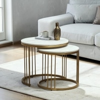 Metaline Round Metal Nesting Coffee Table Set Gold Finish White Porcelain Top Set Of 2