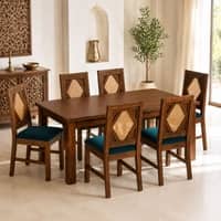 Globally Indian Laurent Solid Sheesham Wood 6 Seater Dining Table Set 6 Chairs Teal Blue