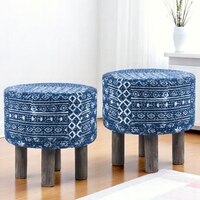 Morgan Acacia Wood Set of 2 Ottoman Pouffees in Indigo Patchwork Kantha, Antique Grey Finish