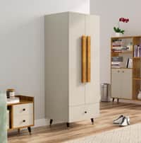 Hexa Red Wooden 2 Door Wardrobe with Drawer and Hanging Space in Frosty White Colour