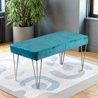 Velas Sheesham Wood Accent 2 Seater Bench With Metal Legs In Turquoise Sea Velvet