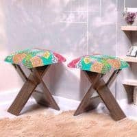 Dayton Sheesham Wood Mid Century Square Set of 2   Stools in Sea Green Fruit Print Kantha Upholstery