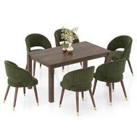 Atlas Solid Wood 6 Seater Compact Dining Table In Danish Walnut Finish with 6 Celia Dining Chair in Deep Olive Velvet Fabric