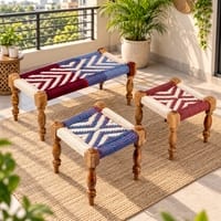 Oakville Sheesham Wood Vintage 3 Seater Maachi Balcony Bench with 2 Stools in Multi Colour