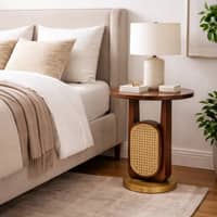 Elegant Mid Modern Cane Accent Side Table with Brass Finish Base