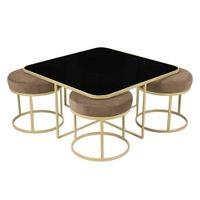 Benton Nesting Black Glass Coffee Table Set With 4 Stools In Gold Finish