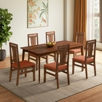 Saar Teak Wood Dining Table 6 Seater with 6 Tessa Dining Chairs (Finish: Espresso Teak, Colour: Burnt Orange)