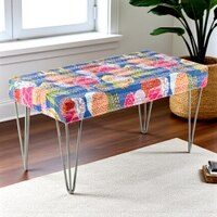 Velas Sheesham Wood Mid Century 2 Seater Bench With Metal Legs In Fruit Print Blue Kantha