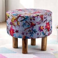 Collio Solid Wood Pouffee in Bird Print Grey Kantha Fabric