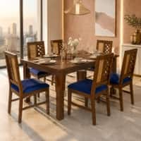Globally Indian Valerie Solid Sheesham Wood 6 Seater Dining Table Set 6 Chairs Navy Blue