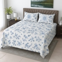 White Floral 400 TC Cotton Flat Queen Size Bedsheet With 2 Pillow Covers  Threads