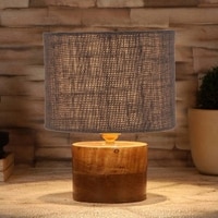 Demina Grey Jute Table Lamp with Natural Wood Base