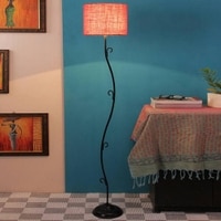 Angelia Pink Natural Fiber Floor Lamp with Black Iron Base