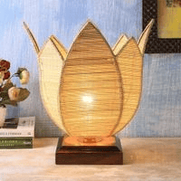 Erwin Beige Bamboo Shade Table Lamp with Brown Wooden Base